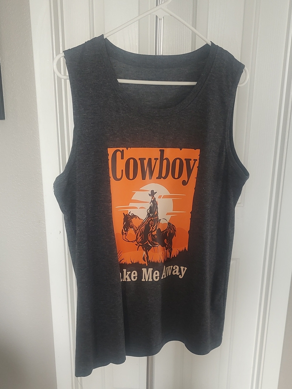 Cowboy Graphic Tank Top - Dark Gray with Orange Print